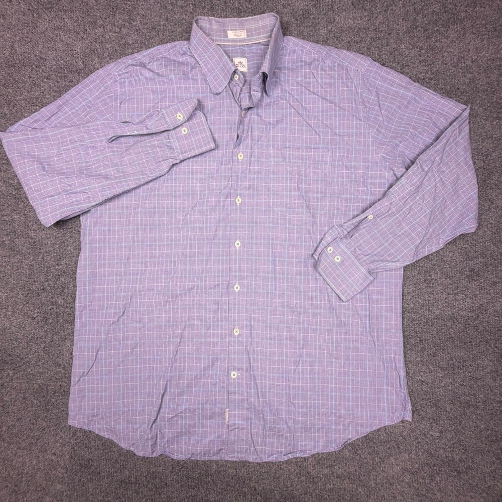 Peter Millar Mens XL Button Down Shirt Purple Blue Plaid Cotton Long Sleeve